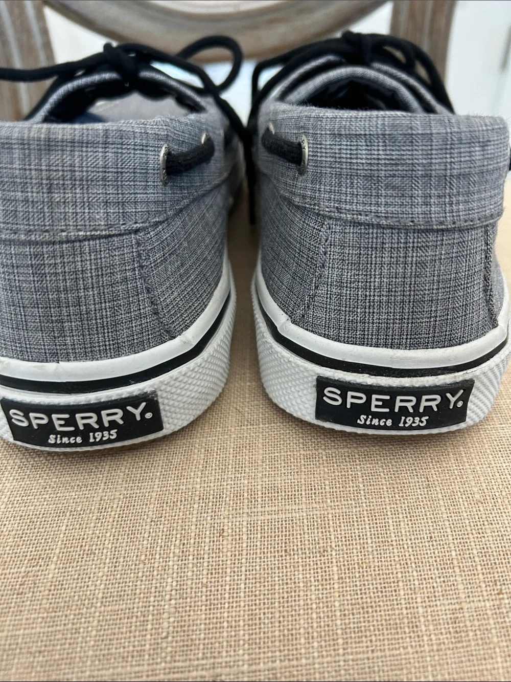 Sperry Men’s Gray Canvas Boat Shoes with Black Laces - Size 9.5